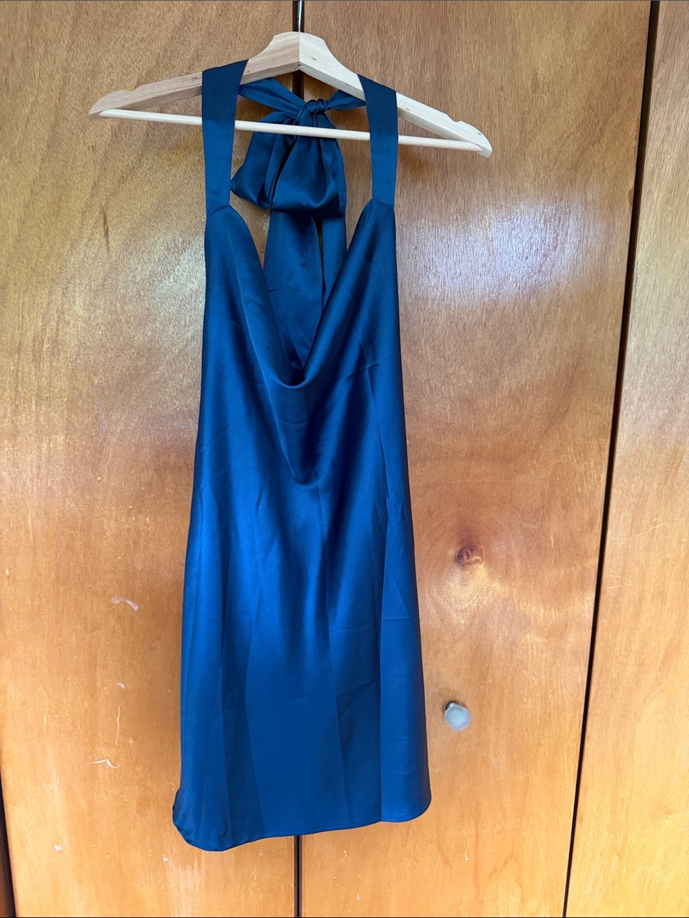 Satin Navy Halter Tie-Back Mini Dress